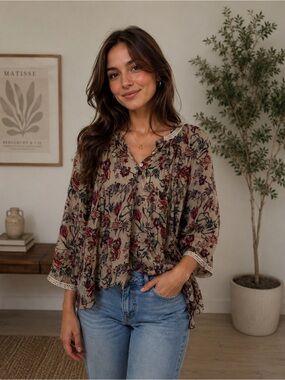 Chufy Silk Peasant Blouse Size Small Nubia Cream Silk Pattern Floral NWT